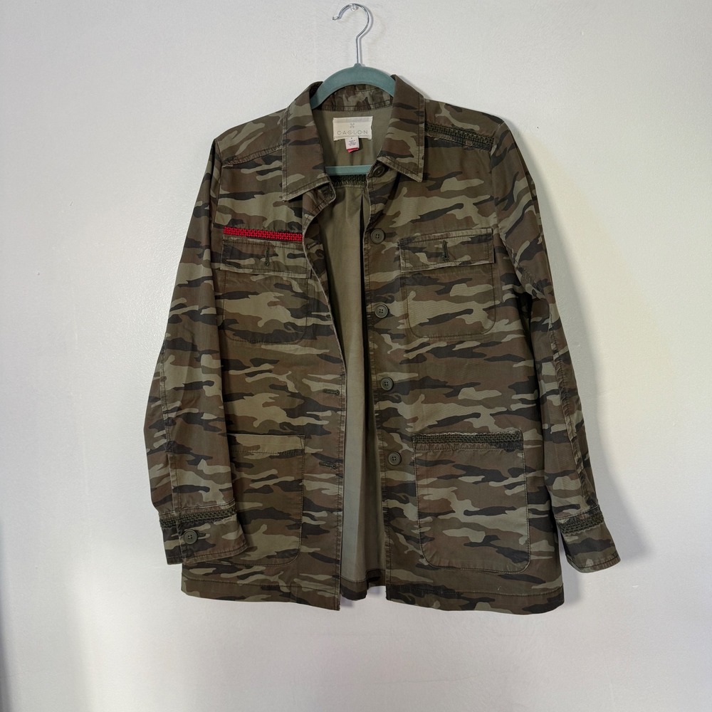 Caslon Green Cotton Blend Camo Print Utility Shirt Jacket